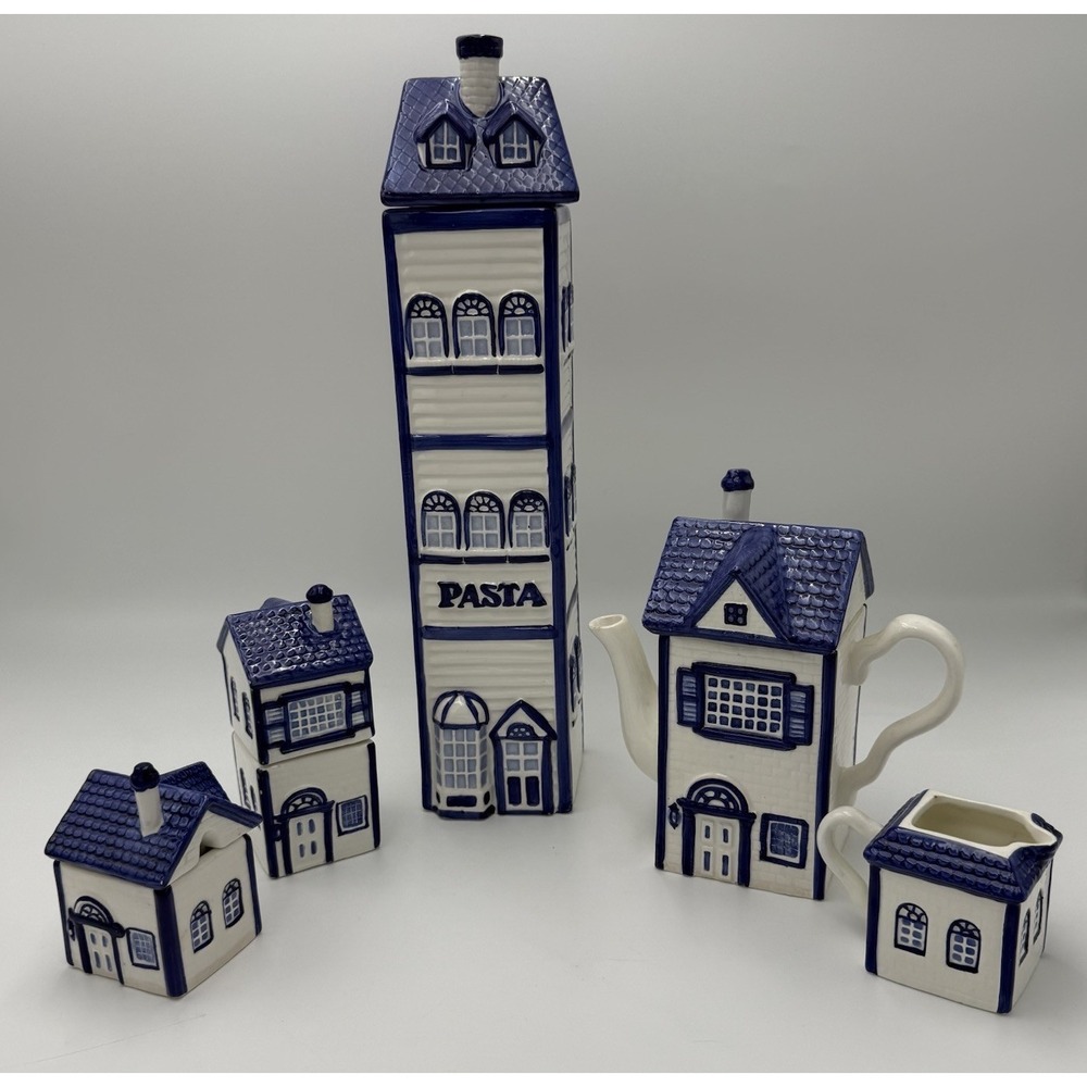 Vtg CKAO Blue White Ceramic House Canister Set 5pc w Lids Pasta Tea Cottagecore